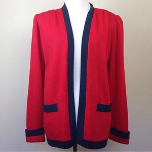 St. John Open Front Cardigan Crimson & Navy